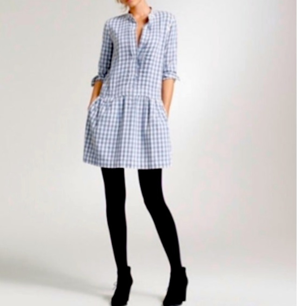 J.Crew women's Blue/White Gingham Pleated Tunic Shirt Dress Size 2